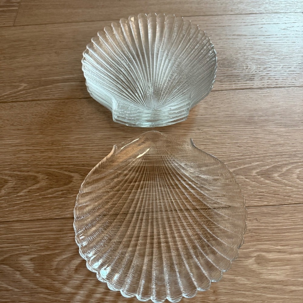 Set of 6 Clear Glass Seashell Plates Scallop Shell Shaped Dessert Appetizer